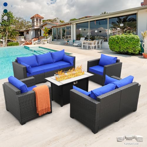 5 Pieces Patio Furniture Set with Coffee Table and Blue Cushions M4055