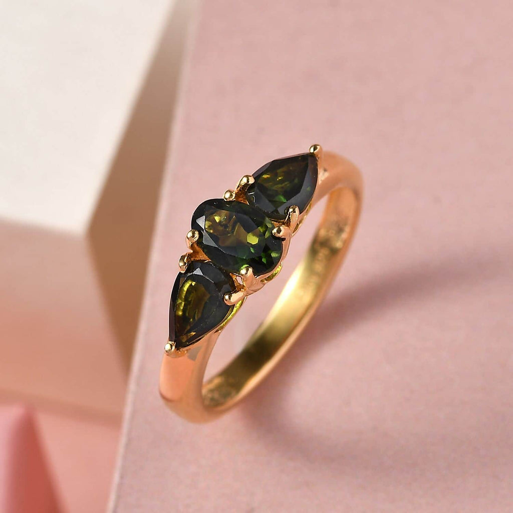 Chrome Tourmaline Oval 925 Sterling Silver Vermeil Yellow Gold Plated 3 Stone Ring Size 7 Ct 0.95 J164