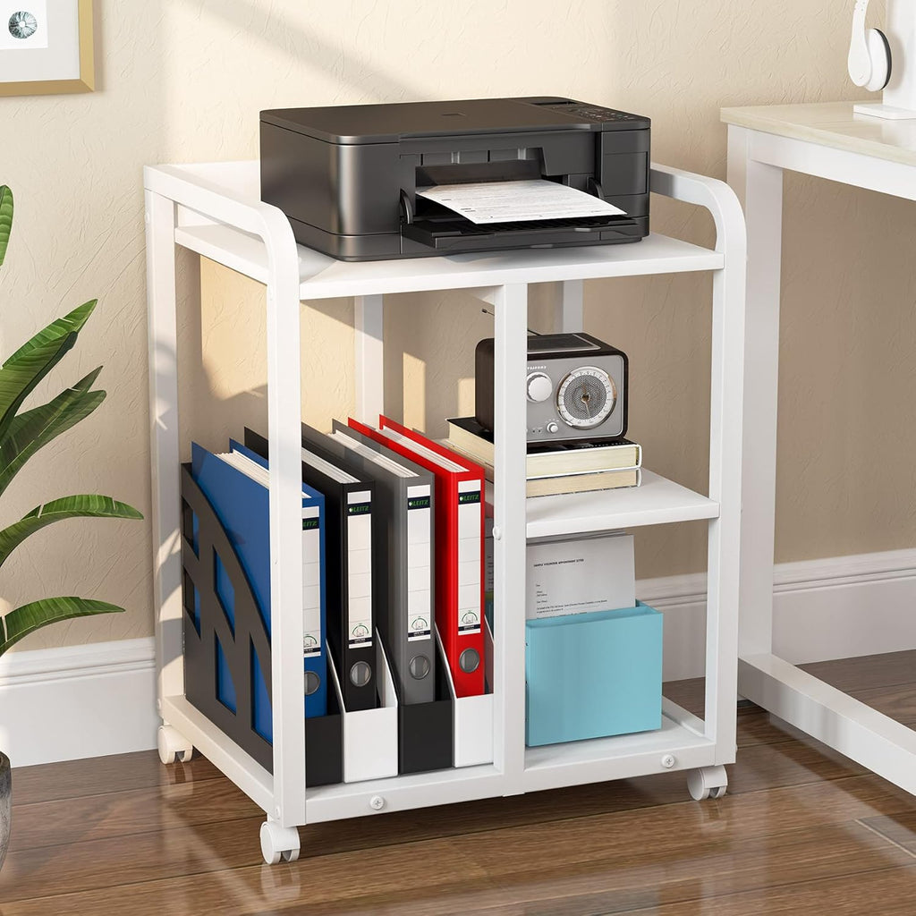 3-Tier Wood Rolling Printer Cart with Storage Shelves I6976