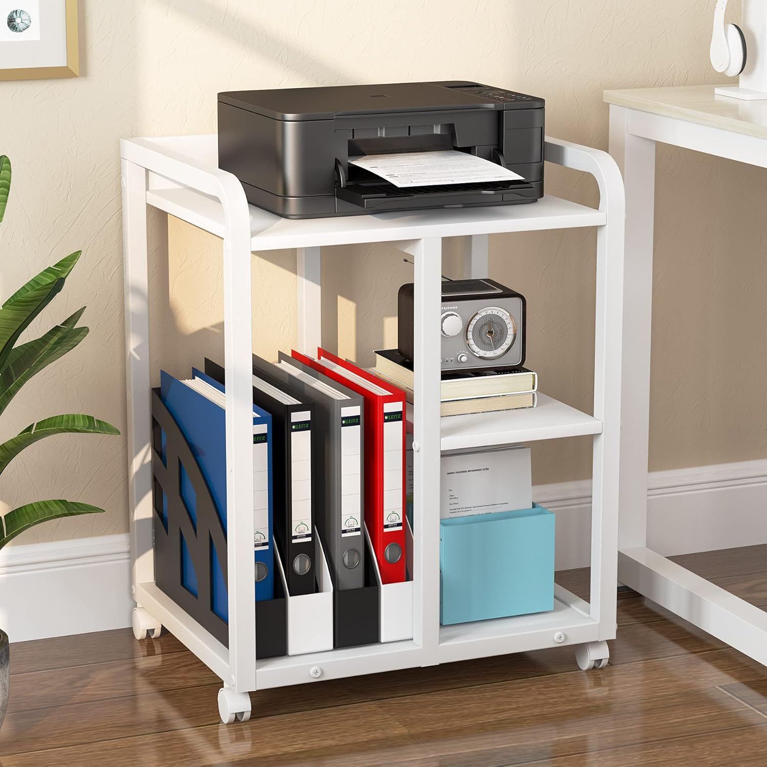 3-Tier Wood Rolling Printer Cart with Storage Shelves I6976
