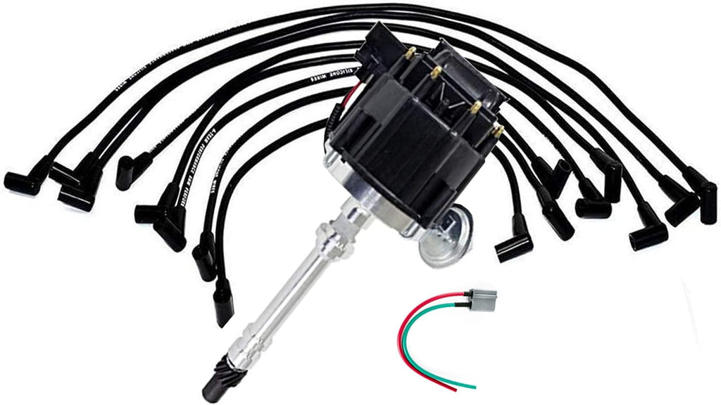 HEI Distributor Black Cap with Spark Plug Wires Set Pigtail Harness Complete Kit T3349