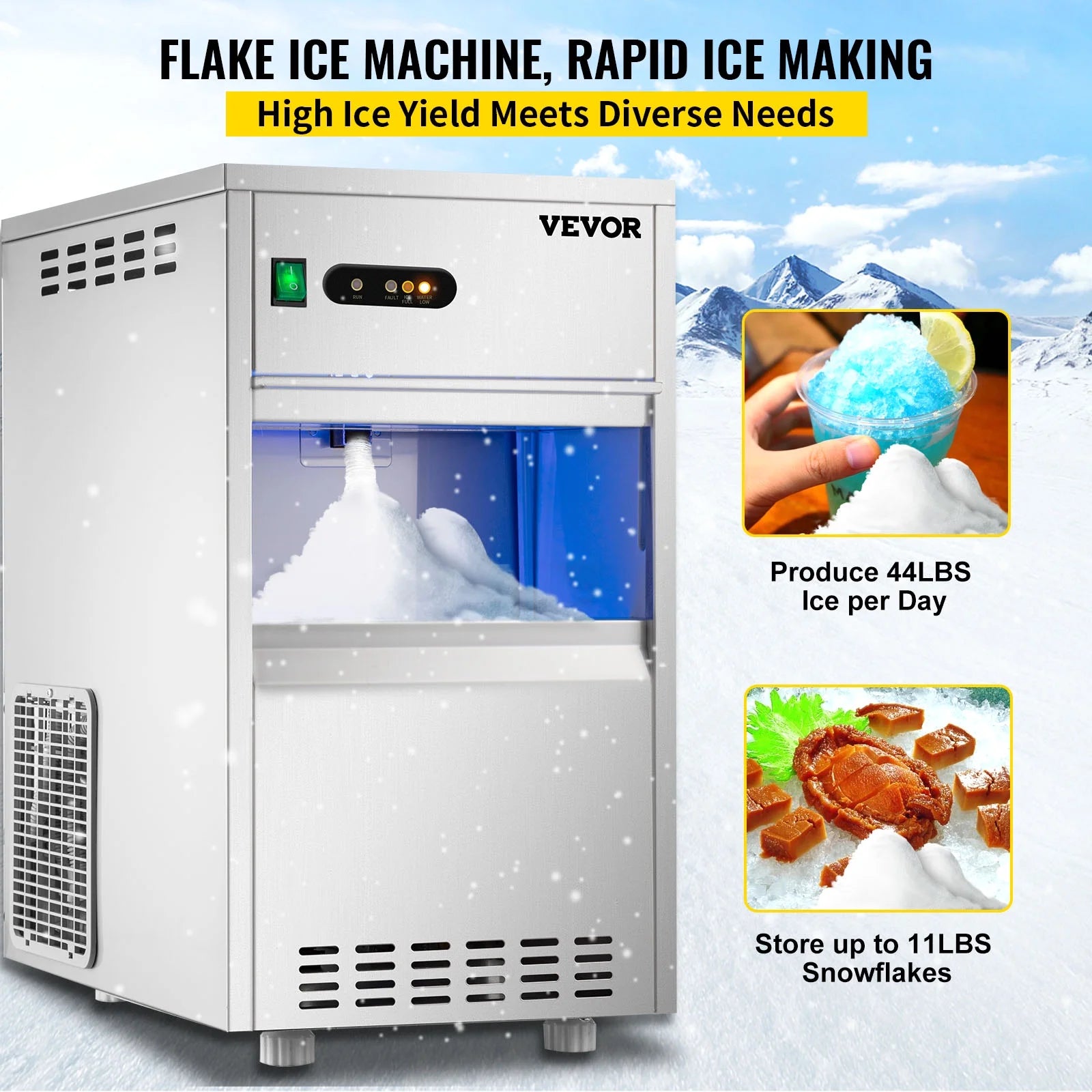 110V Commercial Snowflake Ice Maker 55lbs/24h, Food Grade Stainless Steel, Automatic Operation, Free Standing, Water Filter and Spoon Q776213