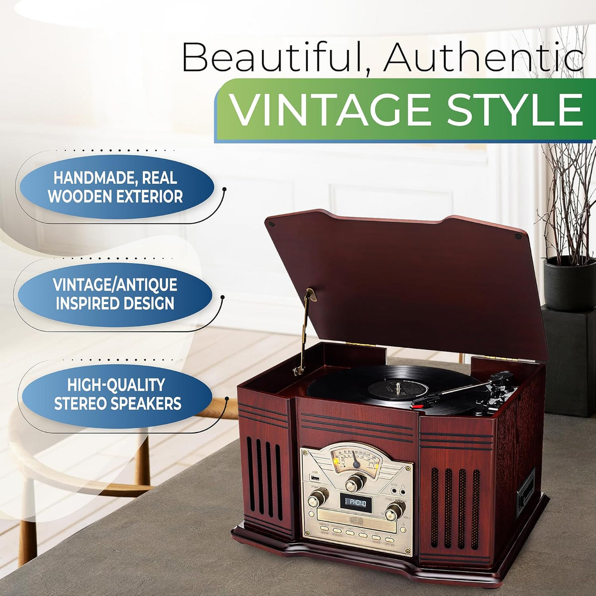 All-in-One Turntable with 3-Speed Record Player, Bluetooth, CD, Cassette, AM/FM Radio, USB, Built-in Speakers P88310