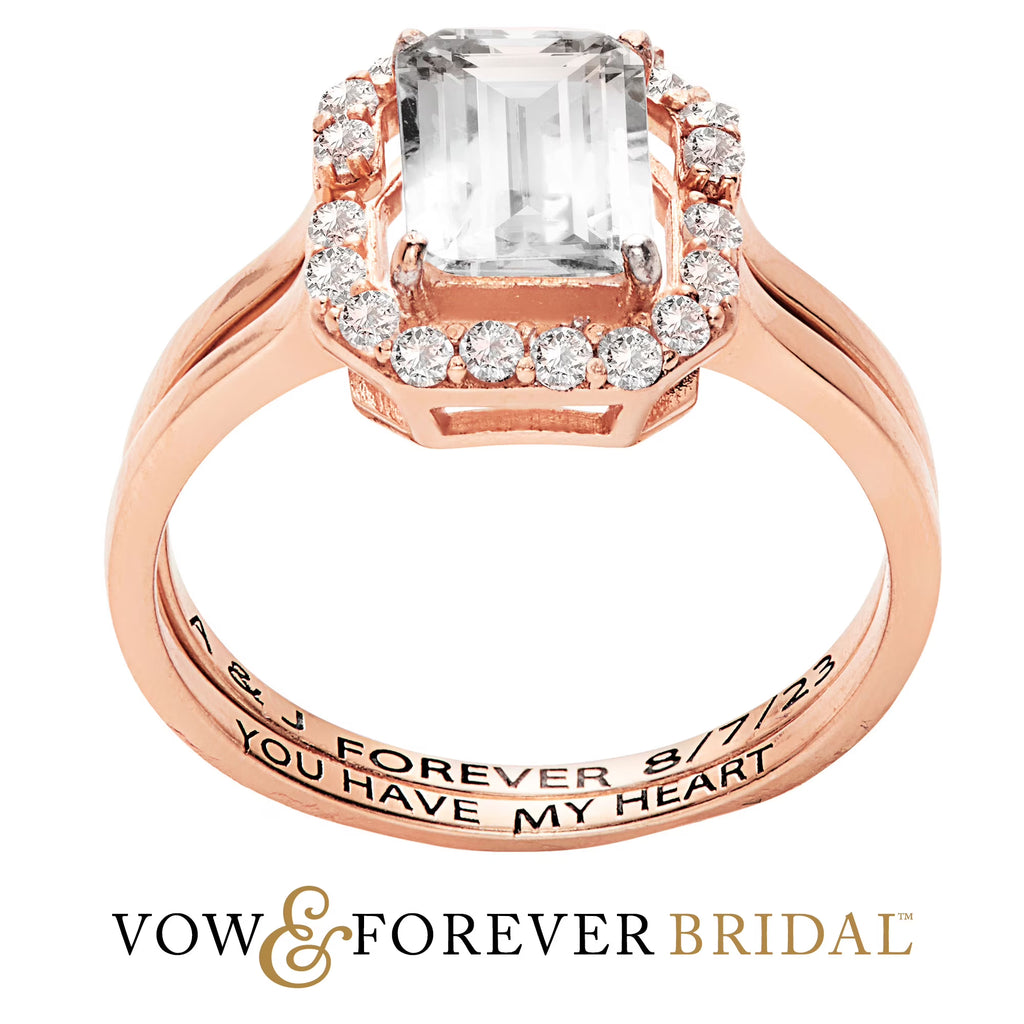14K Rose Gold over Sterling Silver Emerald Cut White Topaz 2 Piece Wedding Set U1974