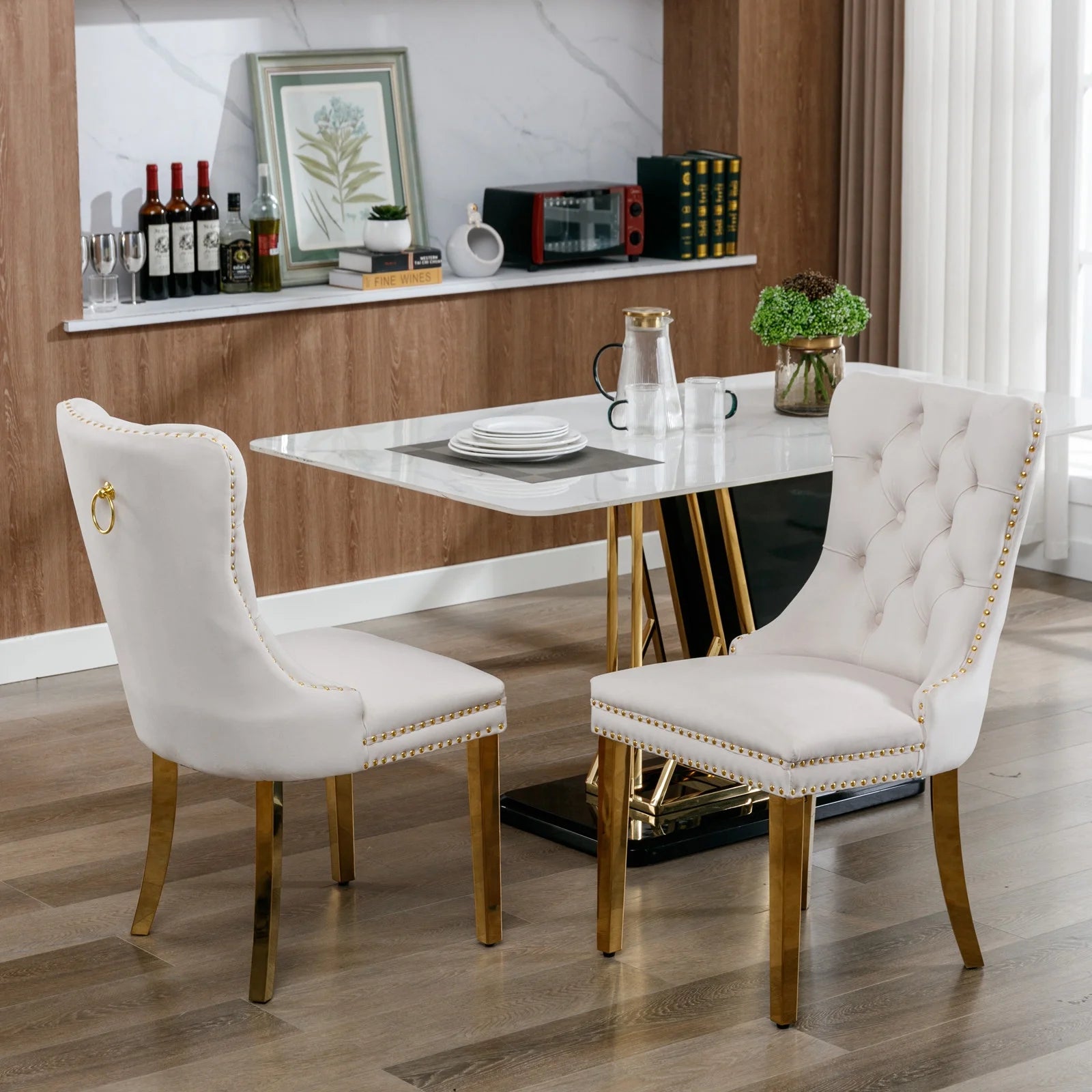 Beige Velvet Dining Chair Set of 2 with Gold Legs C625912
