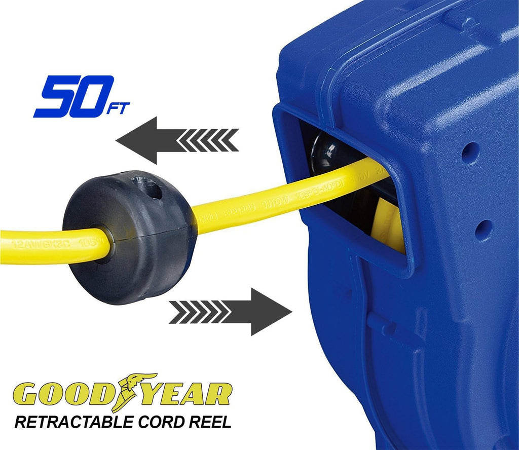 Retractable Extension Cord Reel 16AWG x 50' 3C/SJTOW LED Triple Tap Connector Power 7.5A 125VAC 938W H124110