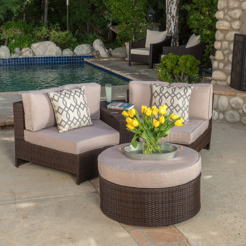 Textured Beige and Brown Outdoor Wicker 2 Seater Sectional Set with Ottoman L7261