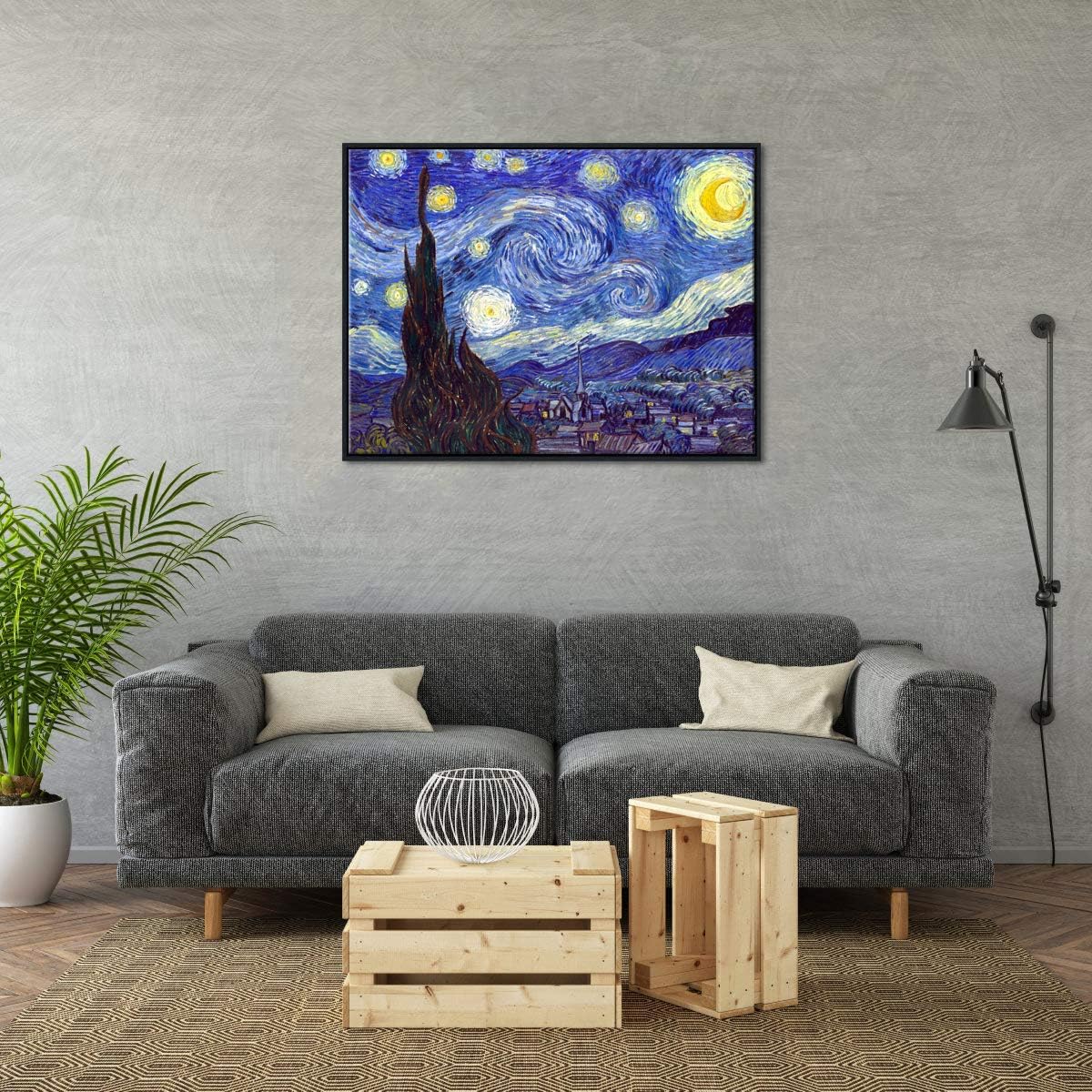 Framed Wall Art Canvas Prints of Starry Night Paintings Reproduction Black Frame J249