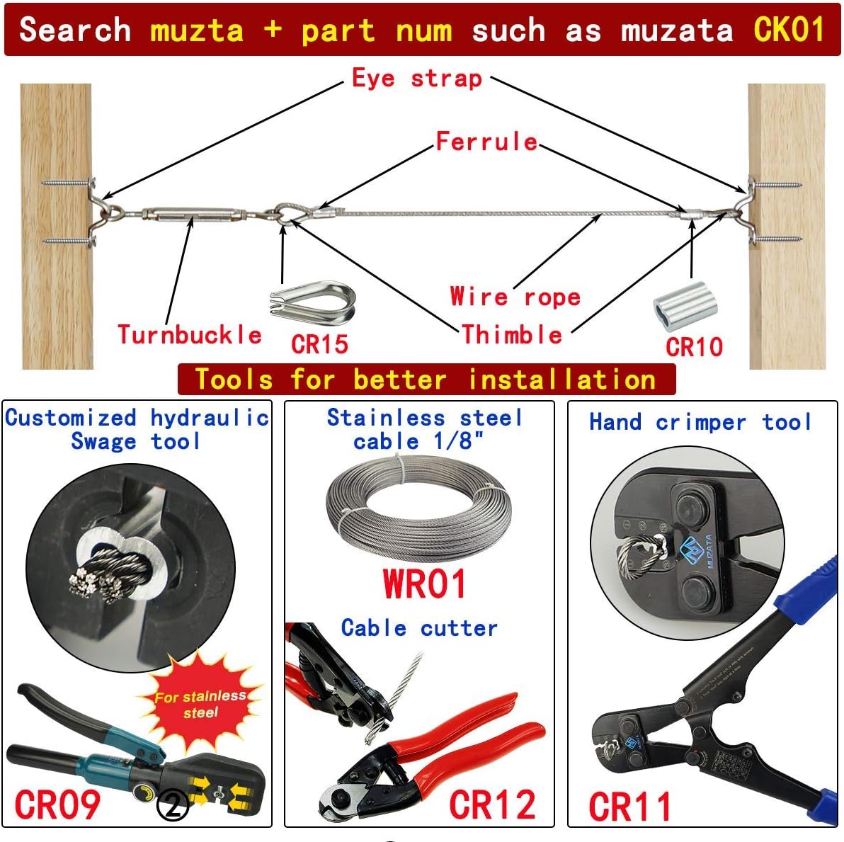20Set 1/8" Stainless Steel Cable Railing Kit Hardware Turnbuckle M5 Eye to Eye Angle Adjustable Pack of 2 D79479