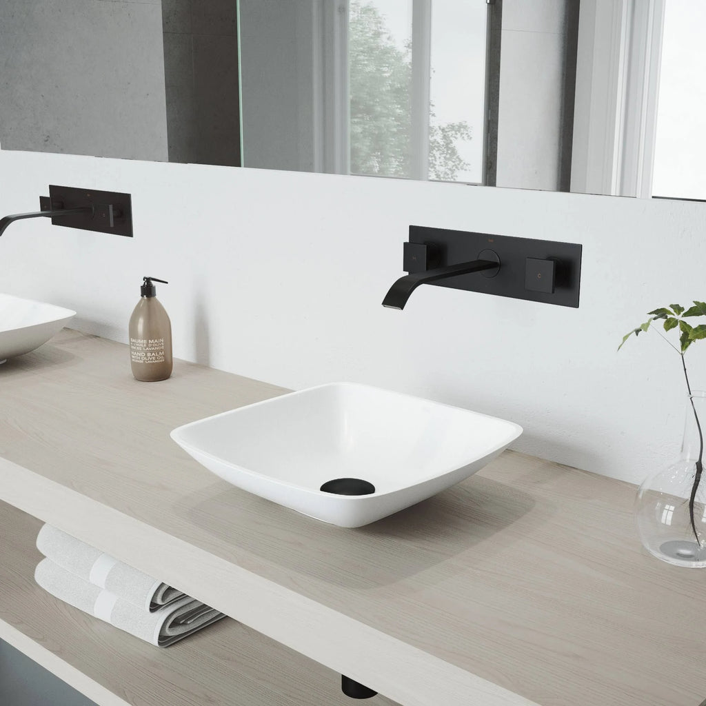 Hyacinth Matte Stone Vessel Bathroom Sink Set with Wall Mount Faucet in Matte Black J172689