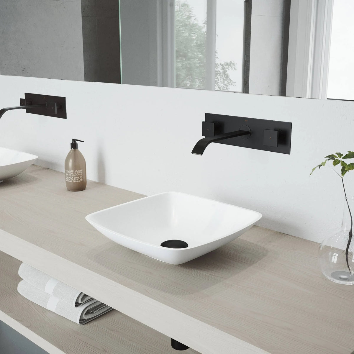 Hyacinth Matte Stone Vessel Bathroom Sink Set with Wall Mount Faucet in Matte Black J172689