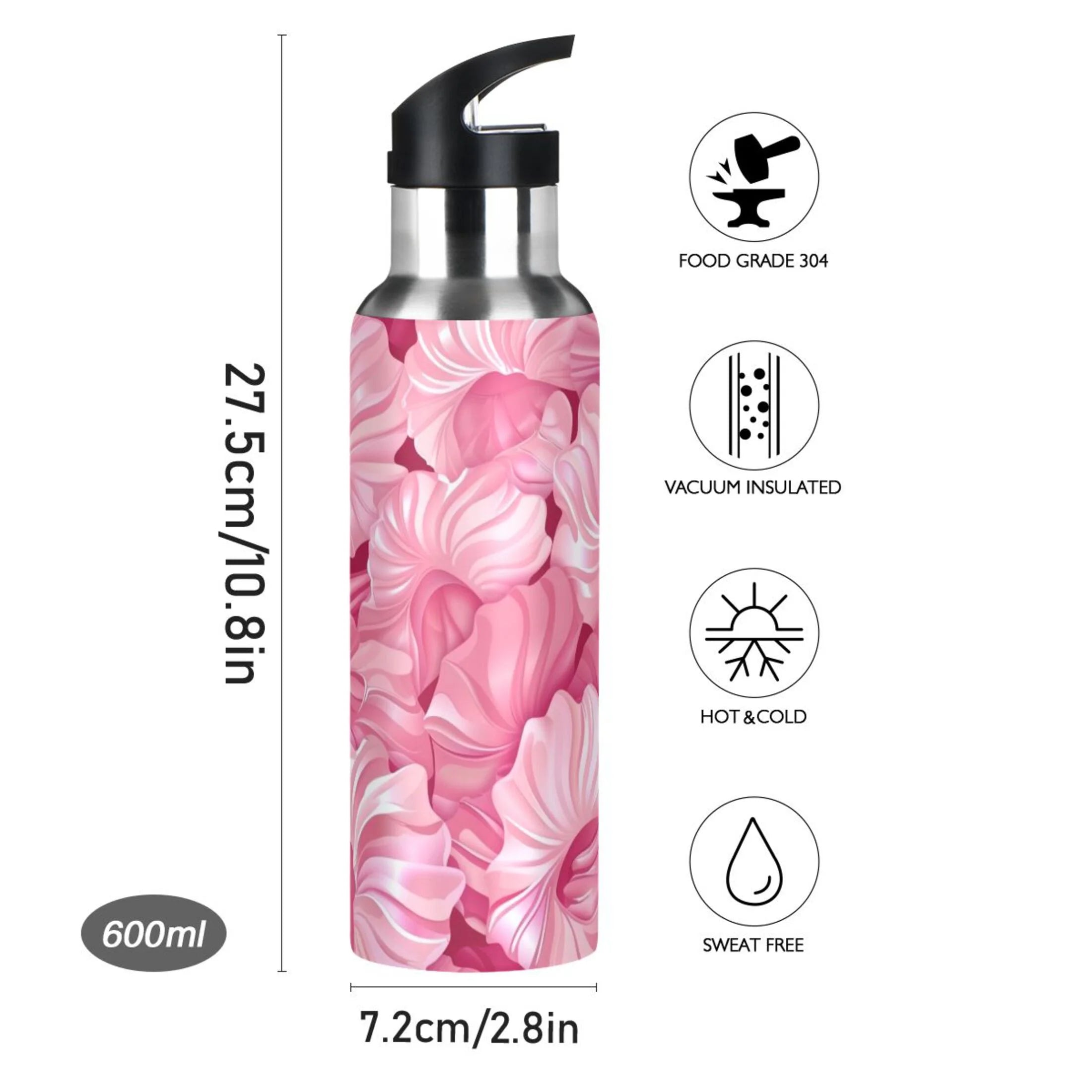 Pink Insulated Stainless Steel Water Bottle with Straw Lid 20 oz W4974