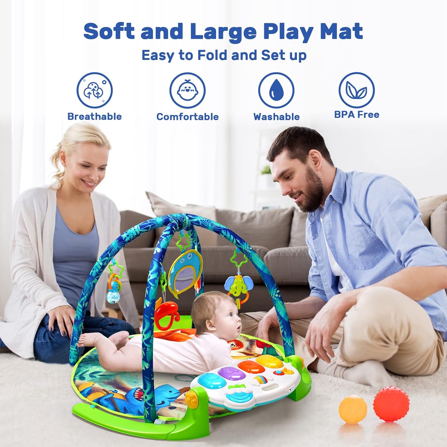 Baby Gym Play Mat with 5 Sensory Teether Toys, Musical Activity Center, Pack of 2 Z184