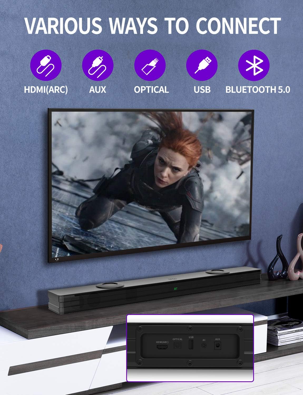 2.1 Sound Bar with Dual Built-in Subwoofer, 90W, Bluetooth 5.0, Wall Mountable V952826