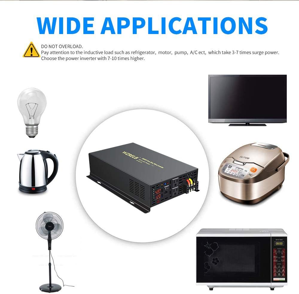 3000Watt 48V DC to 110V 120V Pure Sine Wave Power Inverter with Remote Control Dual AC Outlets and AC Hardwire Port H319058