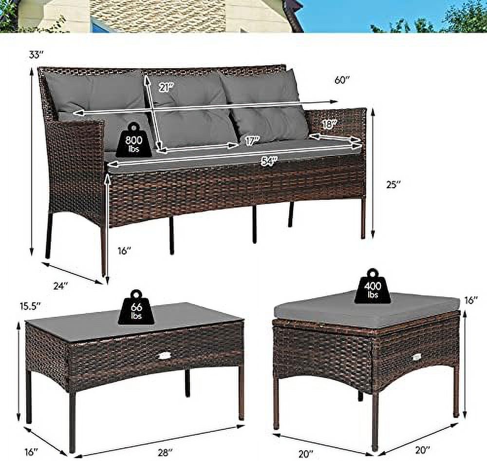3 Pieces Outdoor Rattan Conversation Set with Tempered Glass Coffee Table, Sectional Sofa Set C73025