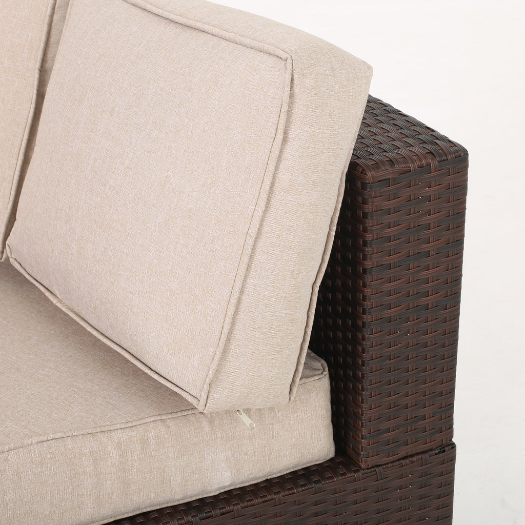 Textured Beige and Brown Outdoor Wicker 2 Seater Sectional Set with Ottoman L7261