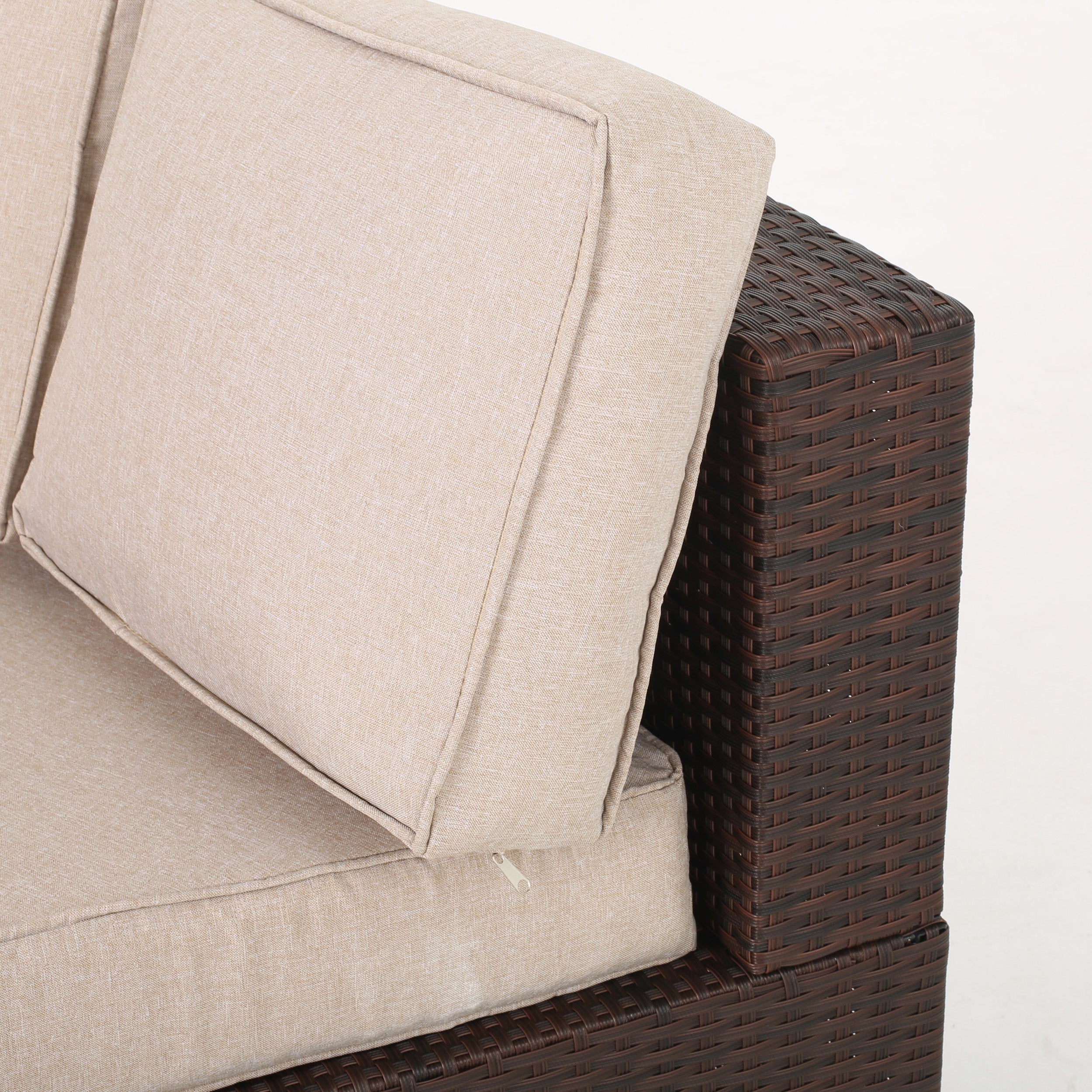 Textured Beige and Brown Outdoor Wicker 2 Seater Sectional Set with Ottoman L7261