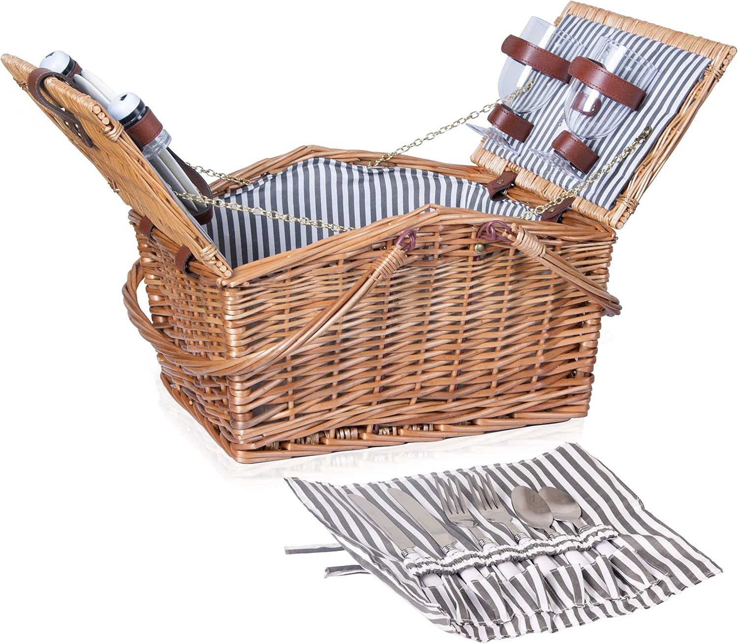 Grey-Stripe Wicker Picnic Basket for 2 with Double Collapsible Handles Y60472