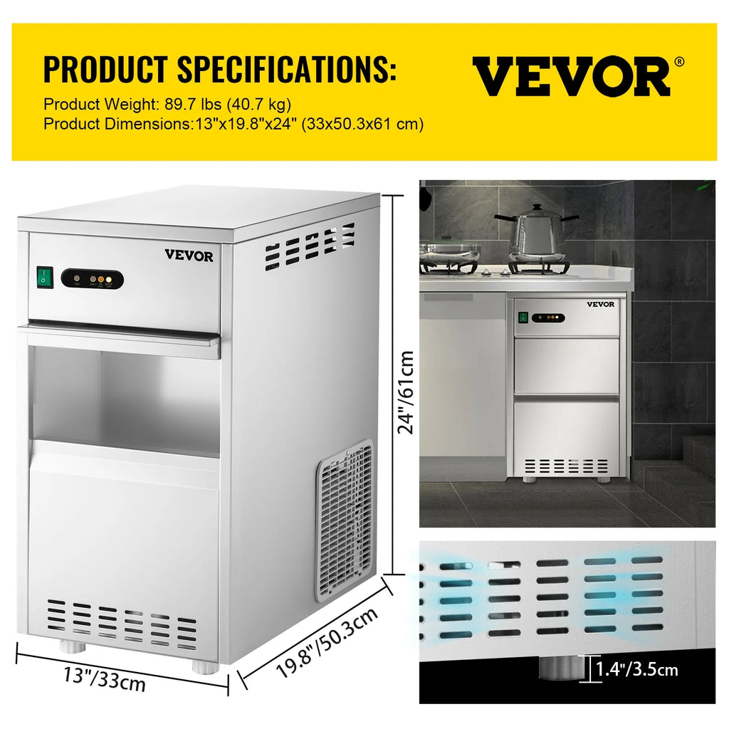110V Commercial Snowflake Ice Maker 55lbs/24h, Food Grade Stainless Steel, Automatic Operation, Free Standing, Water Filter and Spoon Q776213
