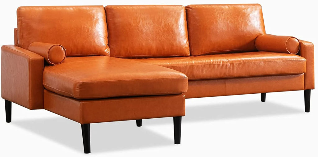 Convertible Sectional Sofa with Reversible Chaise, 3 Seat Faux Leather L-Shape Sofa with 2 Cylindrical Pillows D9111