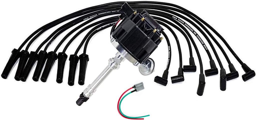 HEI Distributor Black Cap with Spark Plug Wires Set Pigtail Harness Complete Kit T3349