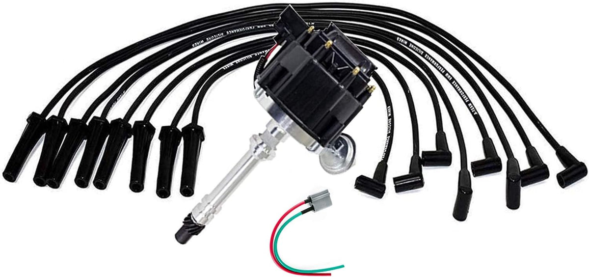 HEI Distributor Black Cap with Spark Plug Wires Set Pigtail Harness Complete Kit T3349