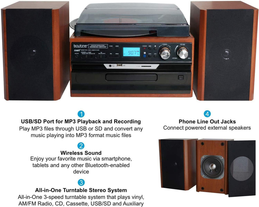 Bluetooth Record Player Turntable with AM/FM Radio, CD/Cassette Player, 2 Stereo Speakers F407174