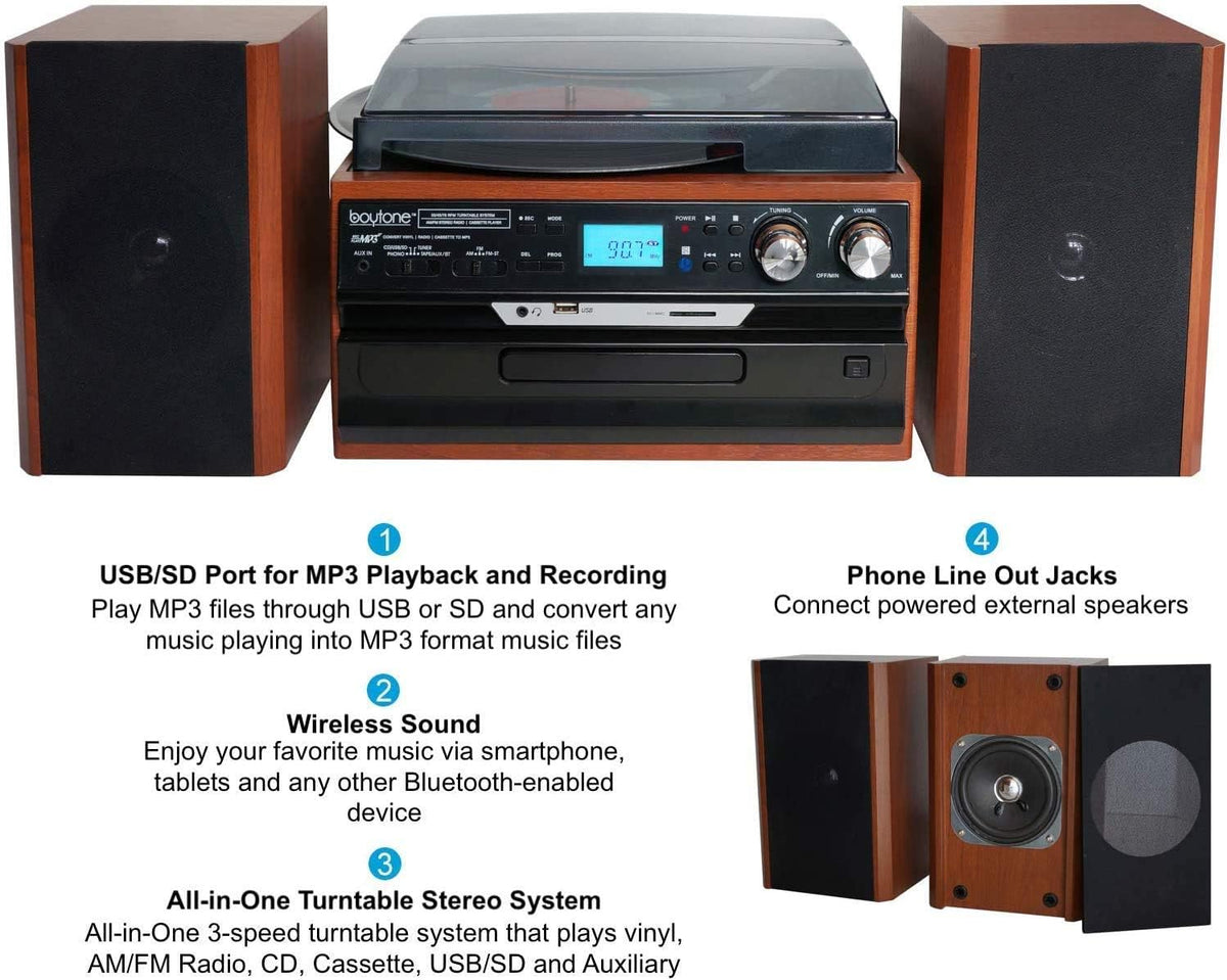 Bluetooth Record Player Turntable with AM/FM Radio, CD/Cassette Player, 2 Stereo Speakers F407174