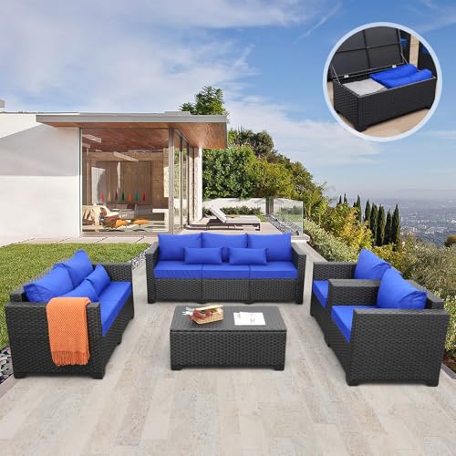 5 Pieces Patio Furniture Set with Coffee Table and Blue Cushions M4055