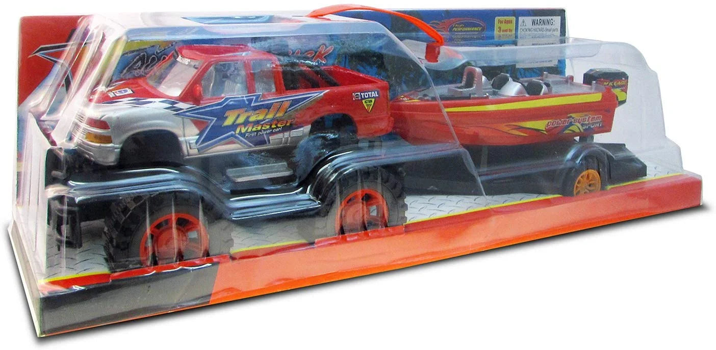 Red Black 9 Inch Truck with Detachable Trailer and 10 Inch Boat Friction Push Powered Playset L988625