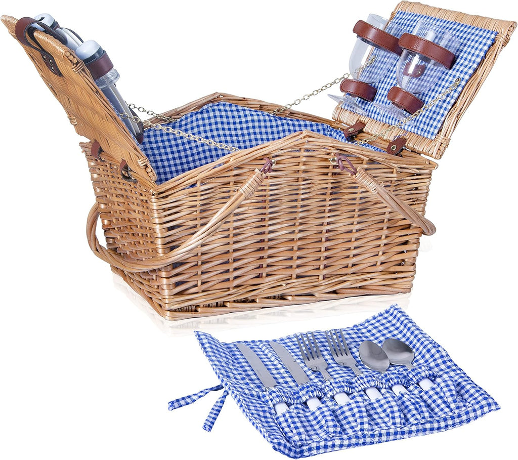Grey-Stripe Wicker Picnic Basket for 2 with Double Collapsible Handles Y60472