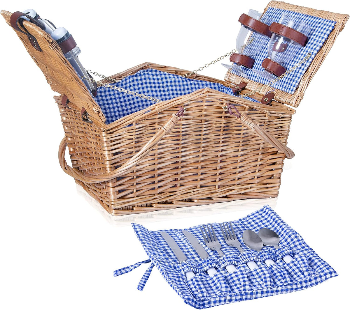 Grey-Stripe Wicker Picnic Basket for 2 with Double Collapsible Handles Y60472