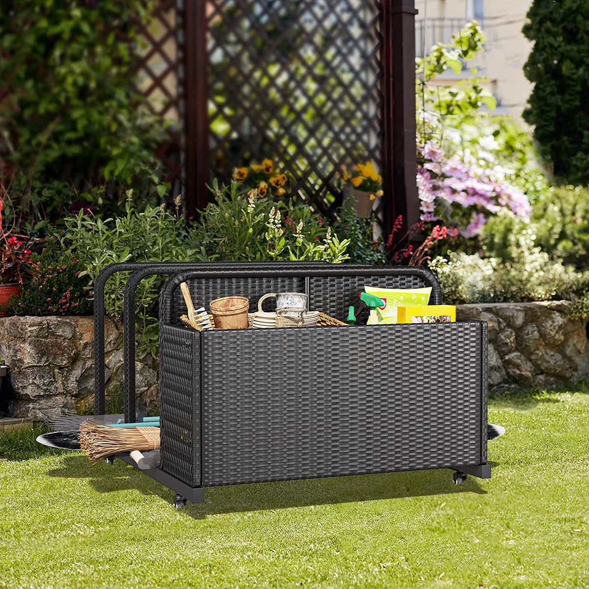 Black PE Rattan Deck Box with Rolling Wheels O976773