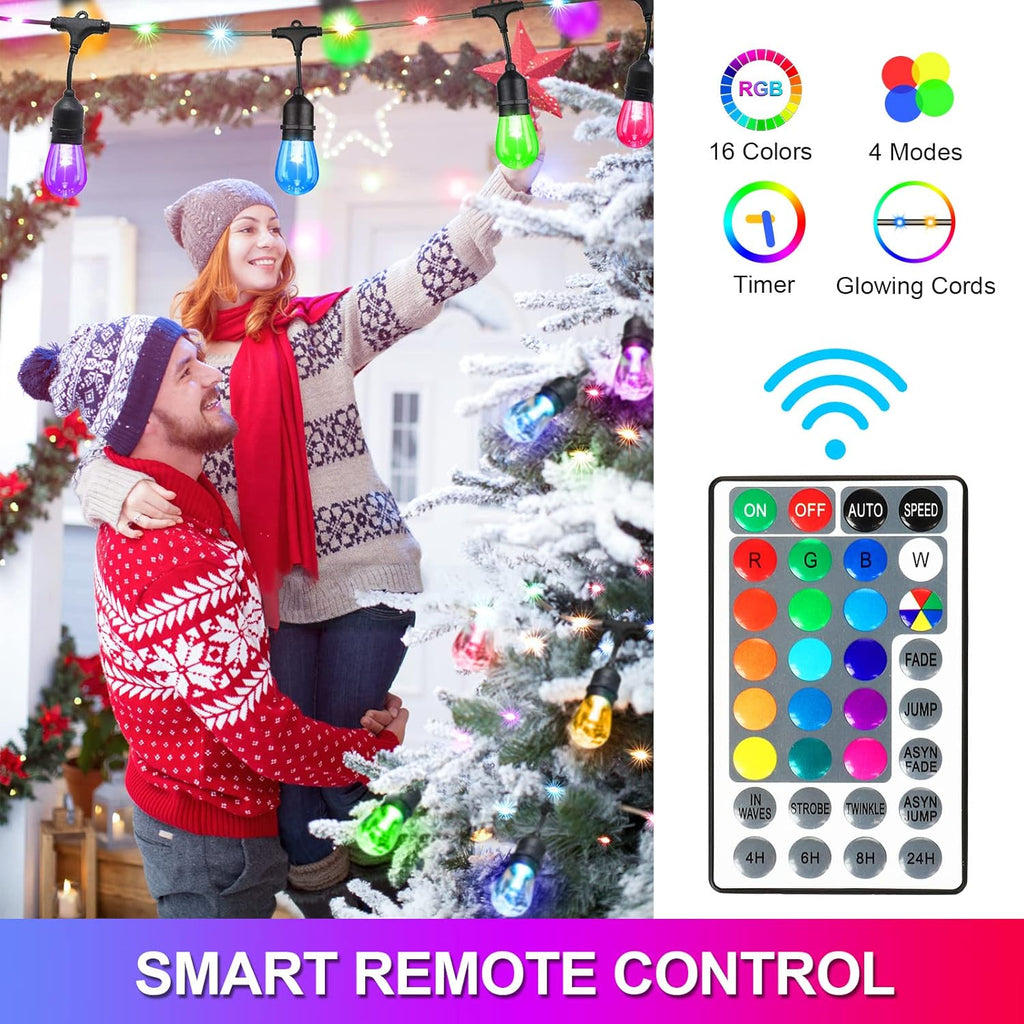 48FT RGB LED String Lights with Remote, Waterproof Edison Bulb Outdoor Lights D254