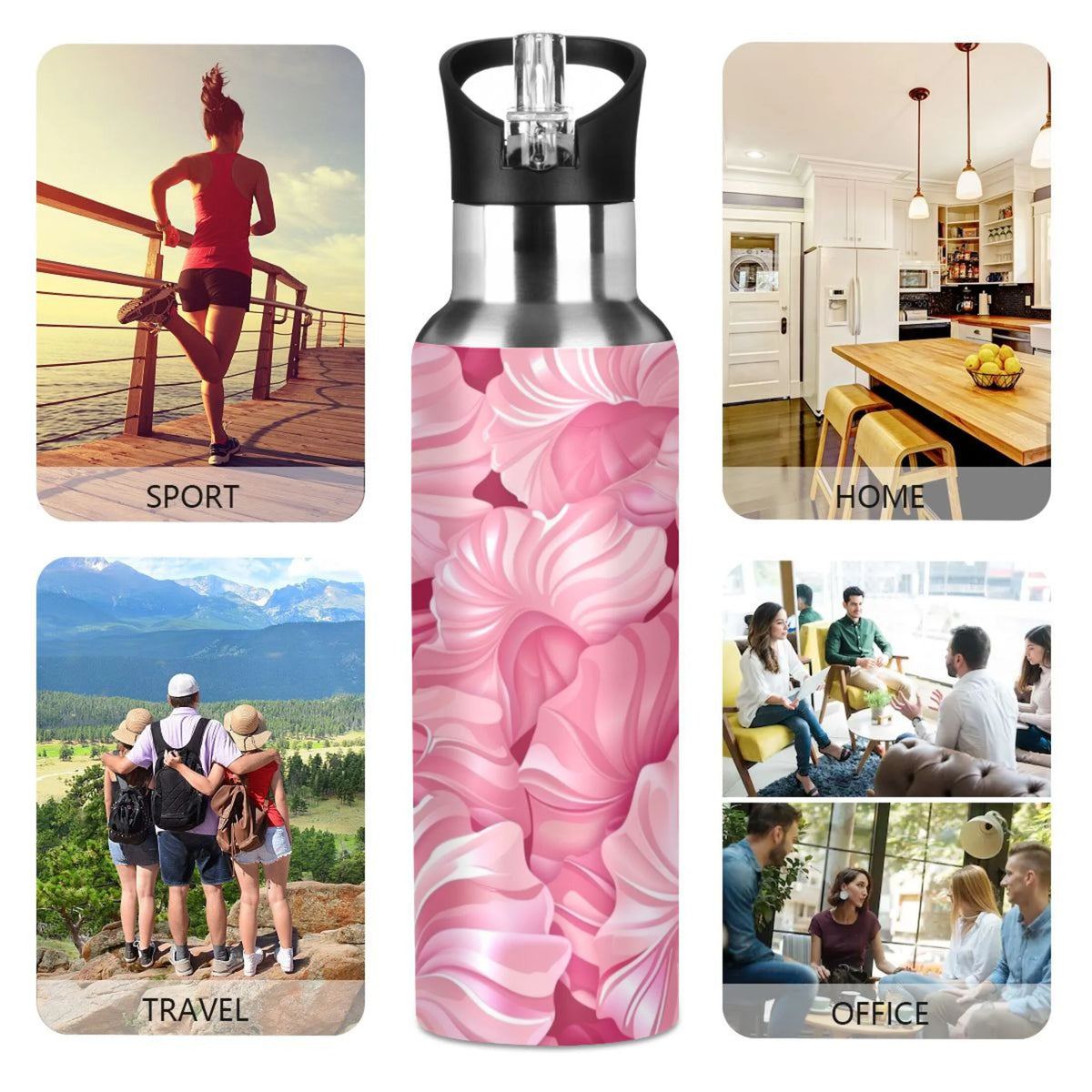 Pink Insulated Stainless Steel Water Bottle with Straw Lid 20 oz W4974