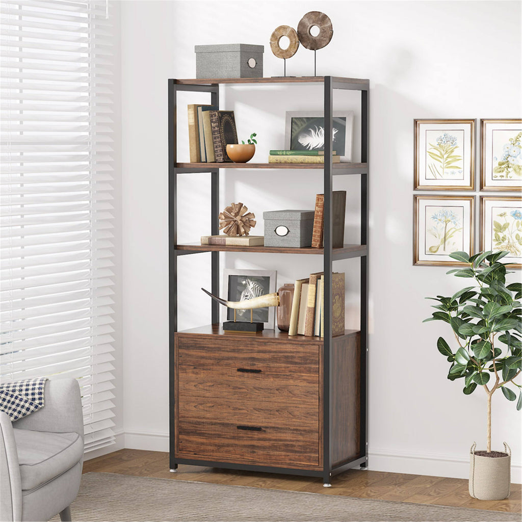 Brown/Black 4-Tier Bookcase with 2 Drawers B380