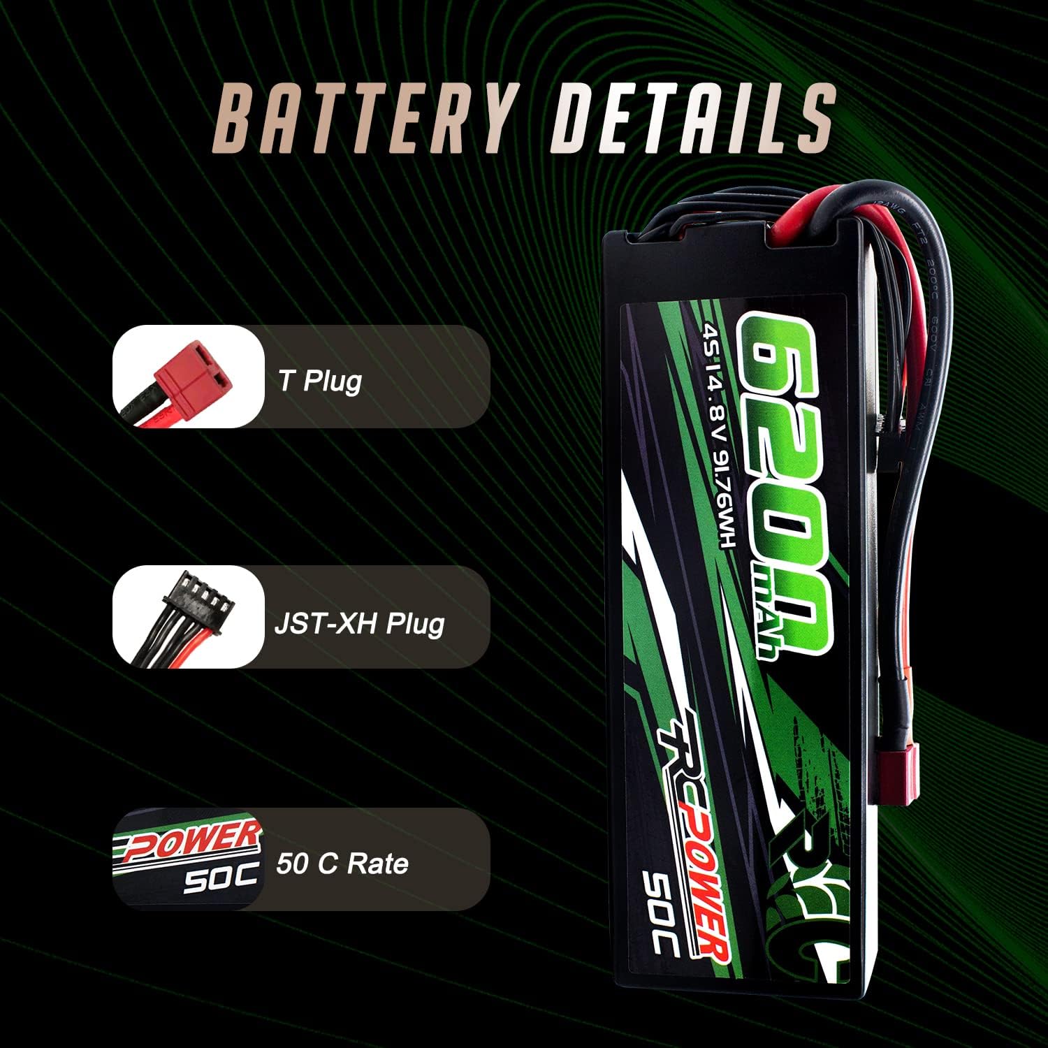 14.8V 6200mAh 4S 50C Hard Case Lipo Battery with T Plug (2Packs) R7240