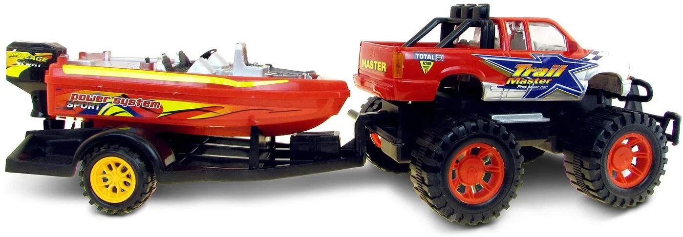 Red Black 9 Inch Truck with Detachable Trailer and 10 Inch Boat Friction Push Powered Playset L988625