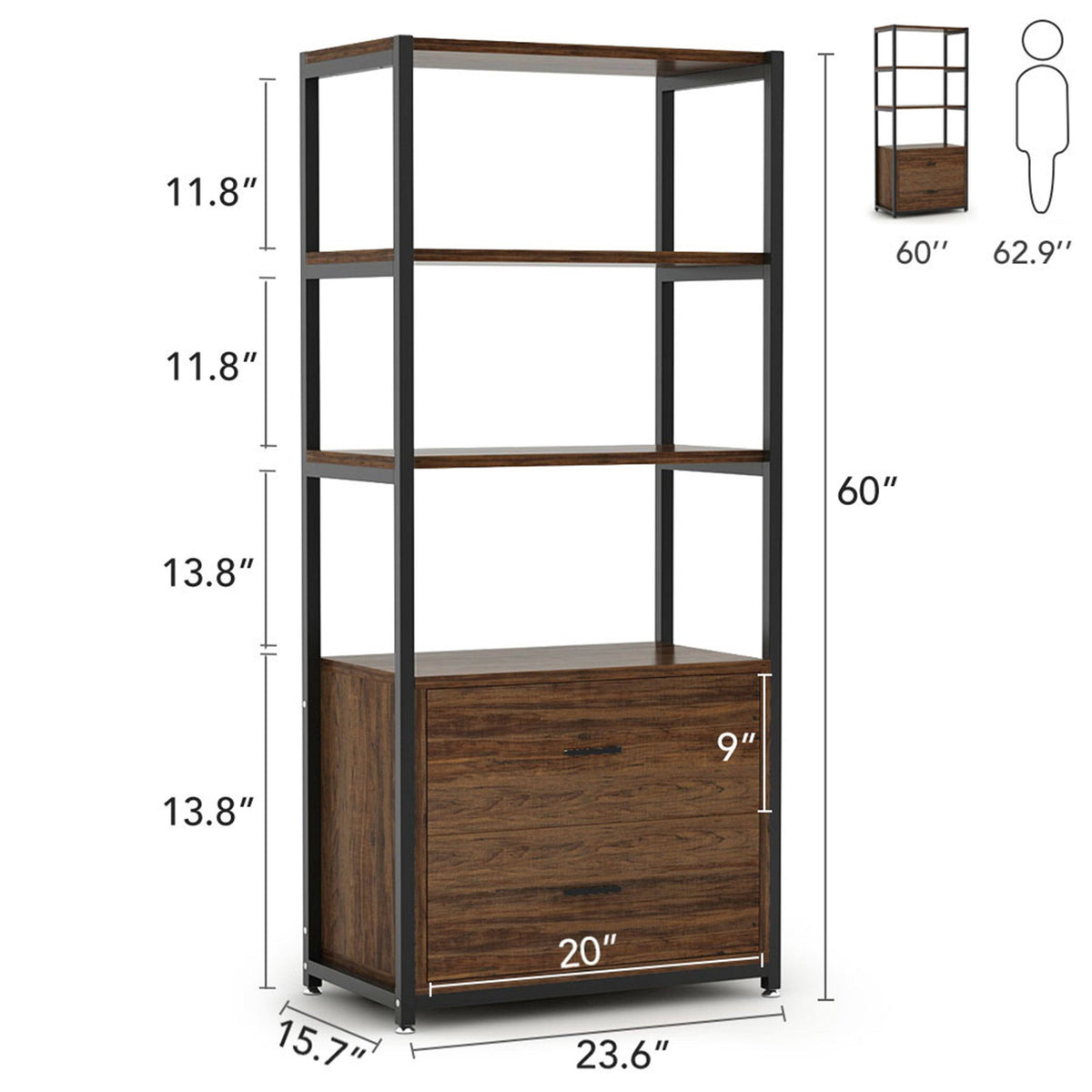 Brown/Black 4-Tier Bookcase with 2 Drawers B380