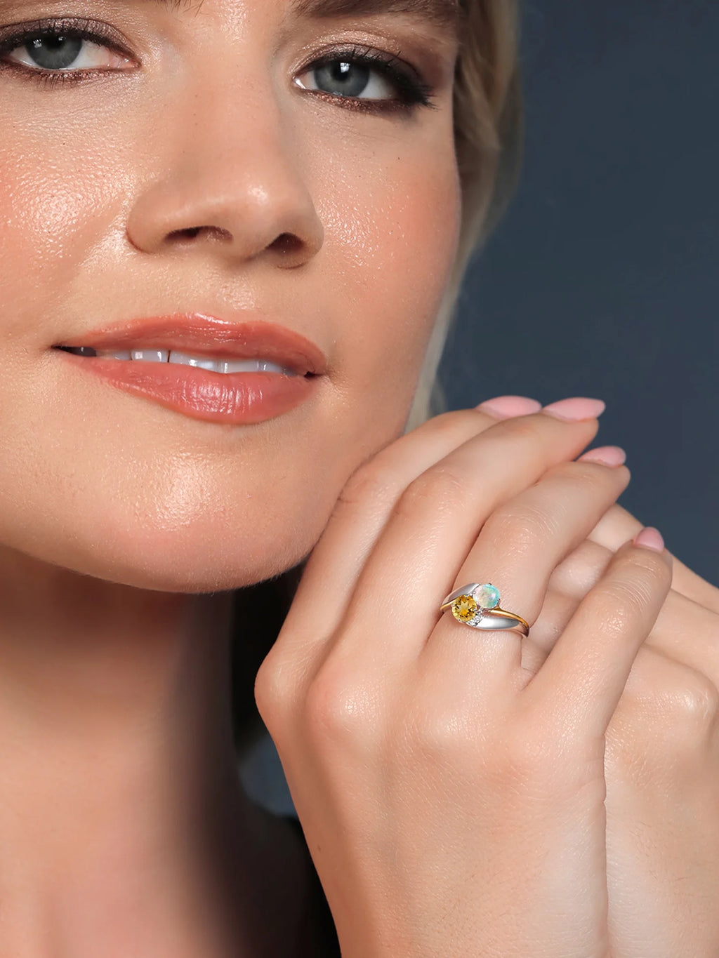 Sterling Silver and 10K Yellow Gold Citrine and Opal Ring with Diamond Accent N6326