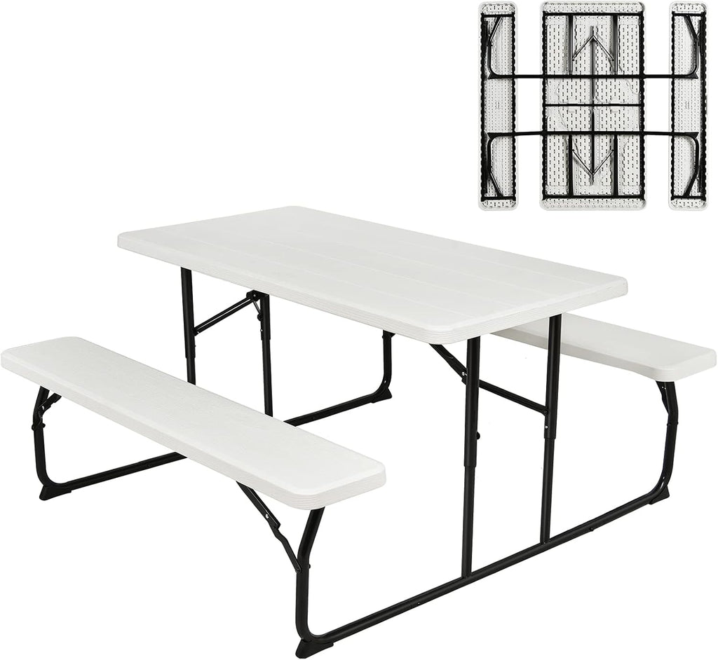Folding Picnic Table Bench Set, Outdoor Dining Table Set, Portable Picnic Tables, Weather Resistant Metal Frame, White T385434