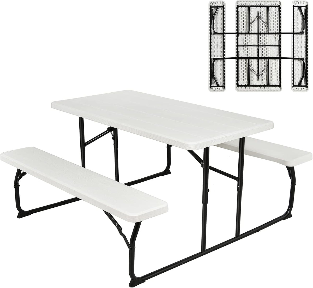 Folding Picnic Table Bench Set, Outdoor Dining Table Set, Portable Picnic Tables, Weather Resistant Metal Frame, White T385434