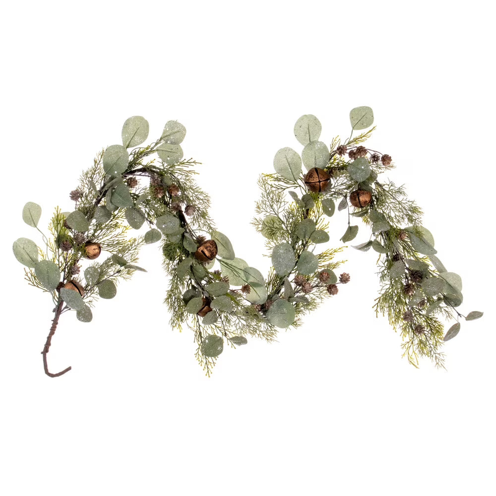 5' Artificial Winter Cedar Pinecone Eucalyptus Brown Jingle Bell Garland U9194