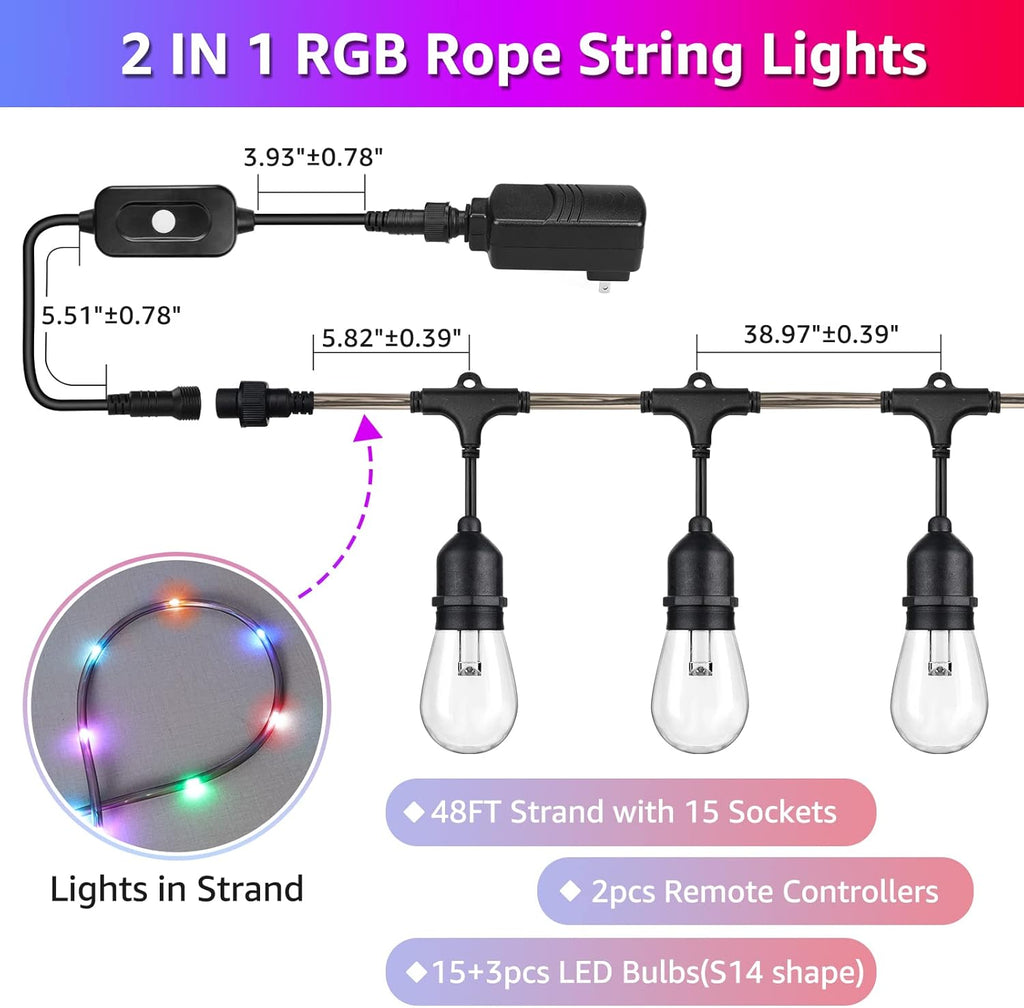 48FT RGB LED String Lights with Remote, Waterproof Edison Bulb Outdoor Lights D254