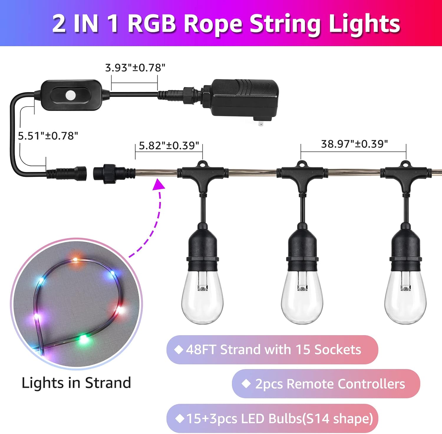 48FT RGB LED String Lights with Remote, Waterproof Edison Bulb Outdoor Lights D254