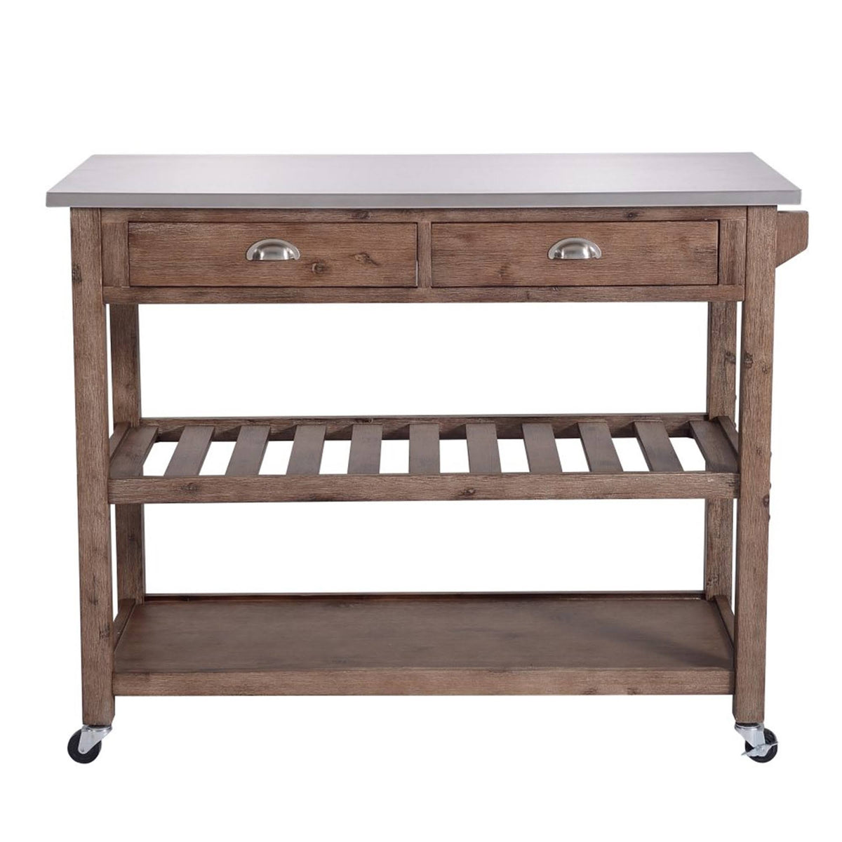 Gray and Brown 2 Drawers Wooden Kitchen Cart with Metal Top and Casters A481200