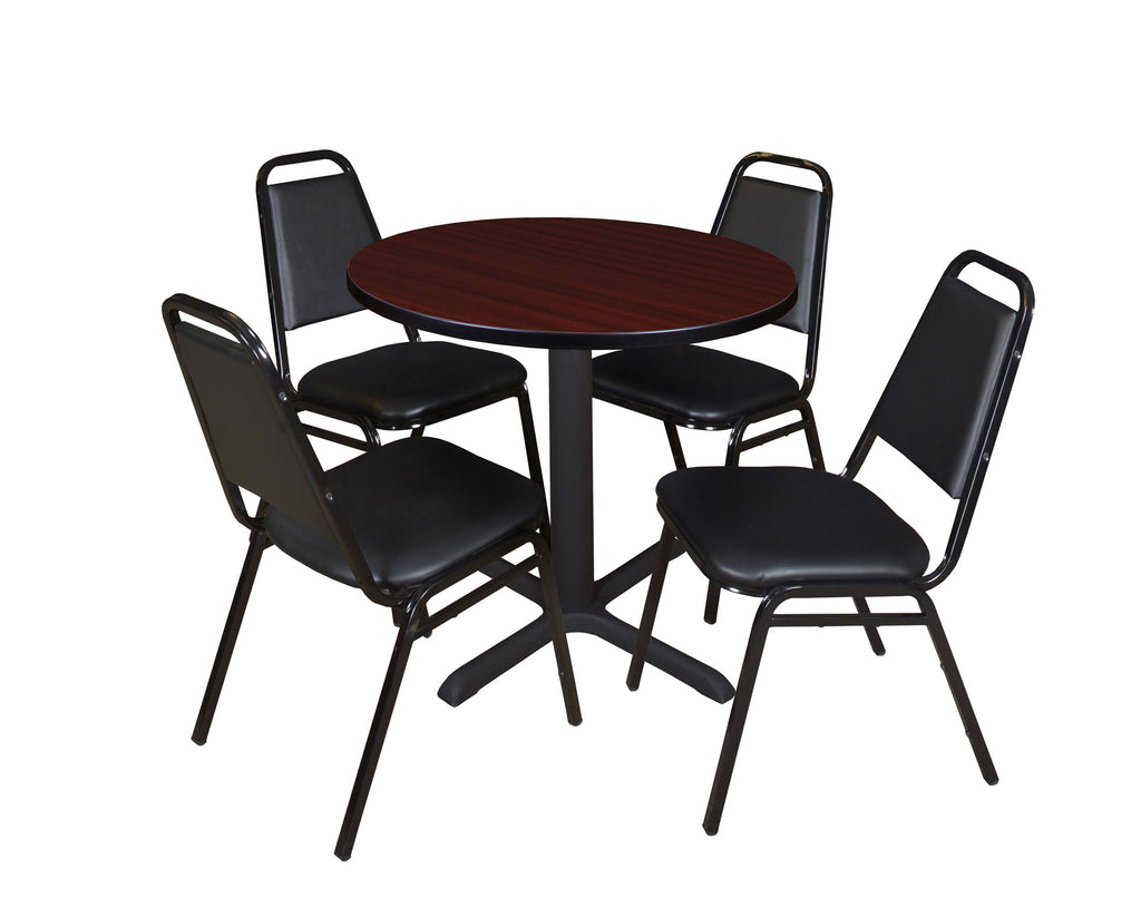Maple Round Breakroom Table and 4 Black Stack Chairs T17094