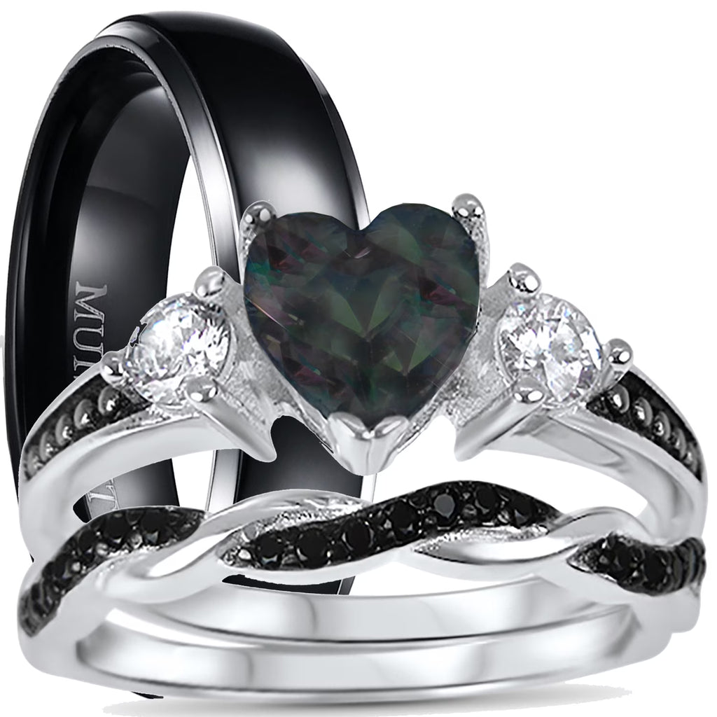 3 Piece Sterling Silver Black Wedding Band Engagement Ring Set V829048