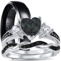 3 Piece Sterling Silver Black Wedding Band Engagement Ring Set V829048
